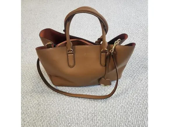 Lauren Ralph Lauren Dryden Marcy Satchel Brown Leather Women's Large - Picture 1 of 12